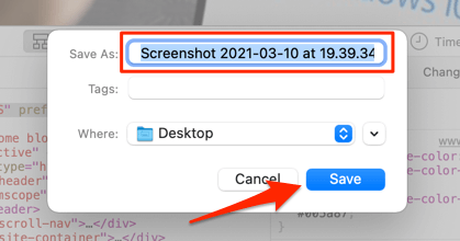 Screenshot name and Save button 