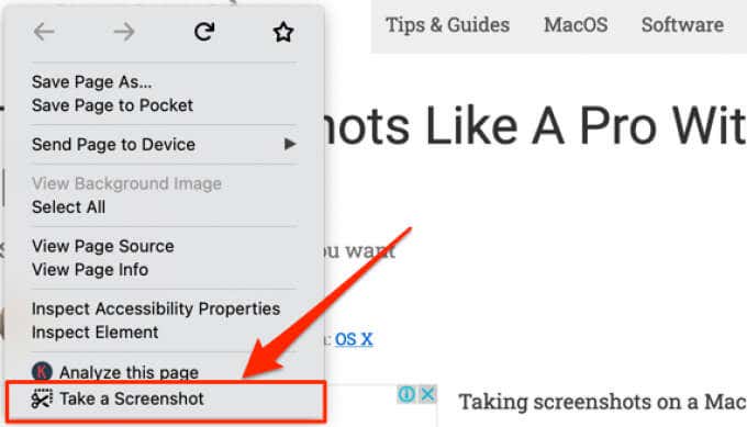 Right-click menu with Take a Screenshot selected 