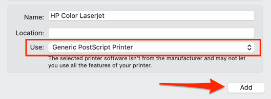 Generic PostScript Printer and Add button 