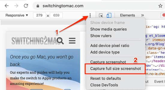 Capture full size screenshot in three dot icon menu 