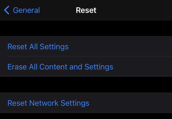Reset options screen 
