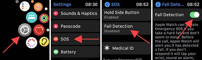 Visual instructions how to turn Fall Detection on on an Apple Watch