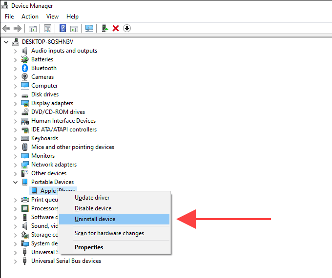 Uninstall device in right-click menu