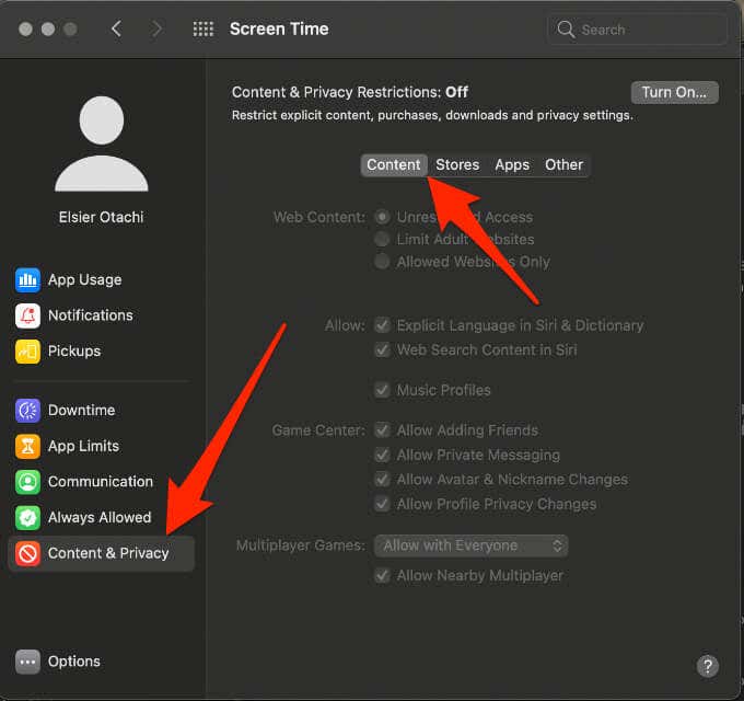 Menu > System Preferences > Screen Time > Content & Privacy and Content tab