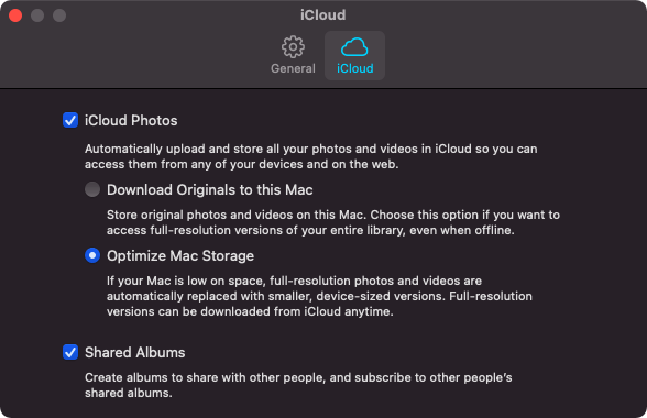 Optimize Mac Storage in Photos menu 