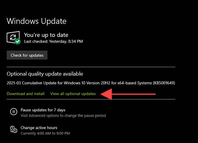 View all optional updates screen 