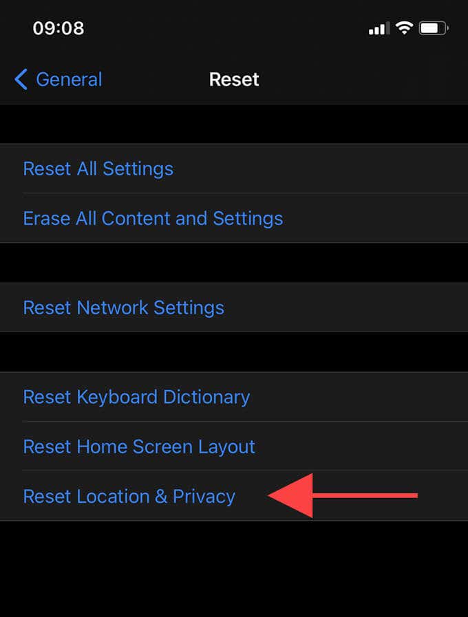 Reset Location & Privacy button 