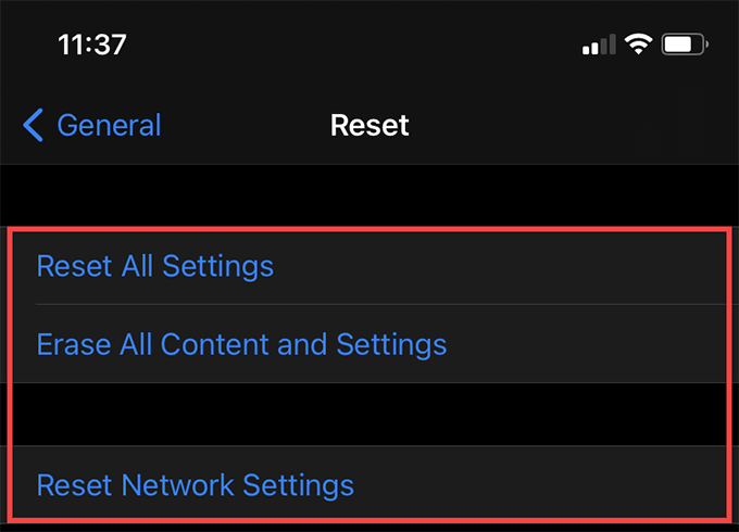 Reset settings menu
