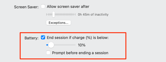 End session if charge (%) is below