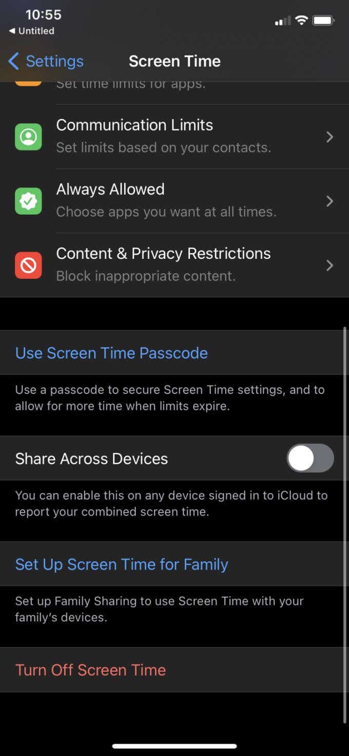 Other Screen Time features screen