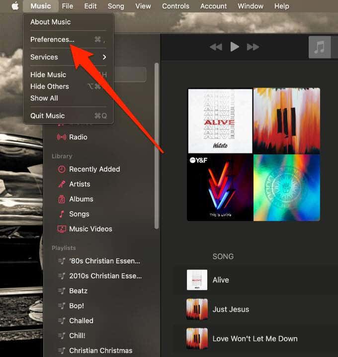 Preferences in Music menu