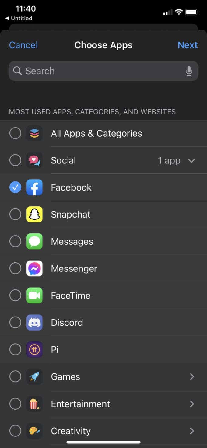Choose Apps screen 