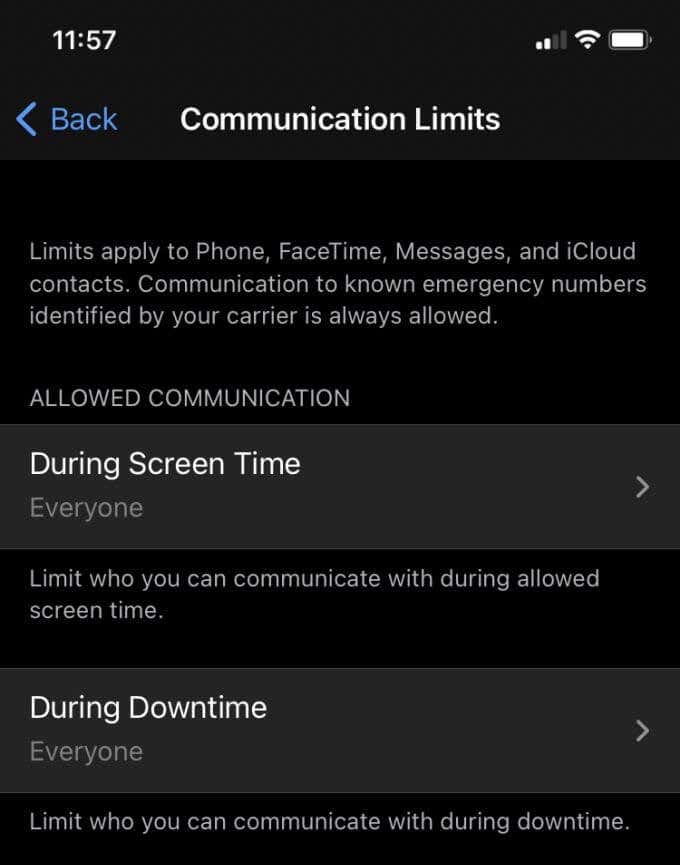 Communication Limits screen
