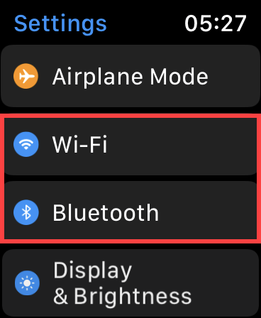 Wi-Fi and Bluetooth settings on Watch 