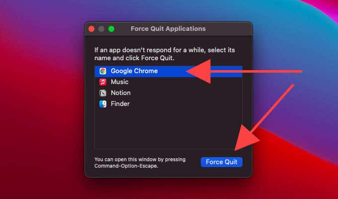 Chrome selected and Force Quit button 