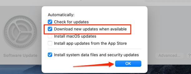 Download new updates when available check box and OK button 