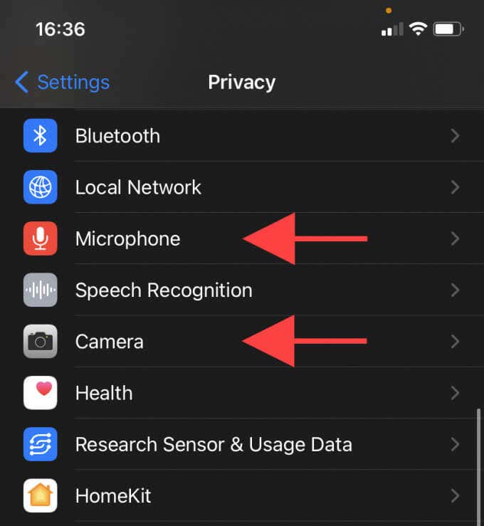Microphone and Camera sections within Privacy 