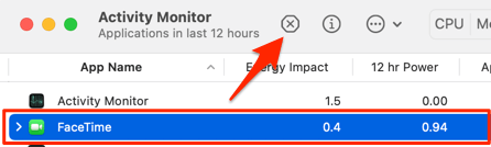 FaceTime selected in Activity Monitor and X icon