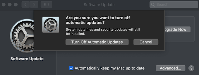 Turn Off Automatic Updates prompt screen 