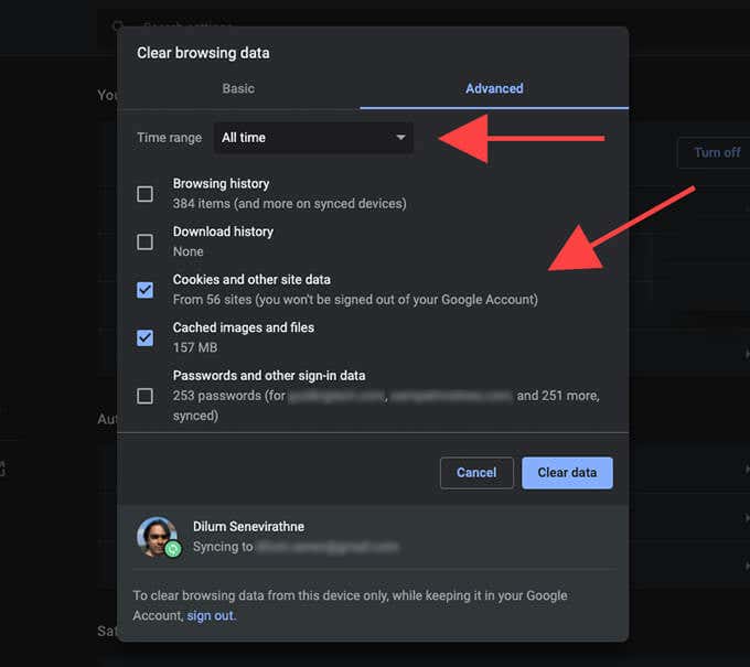 Time range set to all time and Cookies and other site data and Caches images and files items options checked 