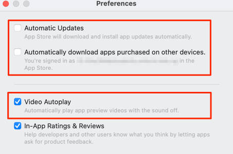 Automatic Updates, Automatically download apps purchased on other devices, and Video Autoplay disabled