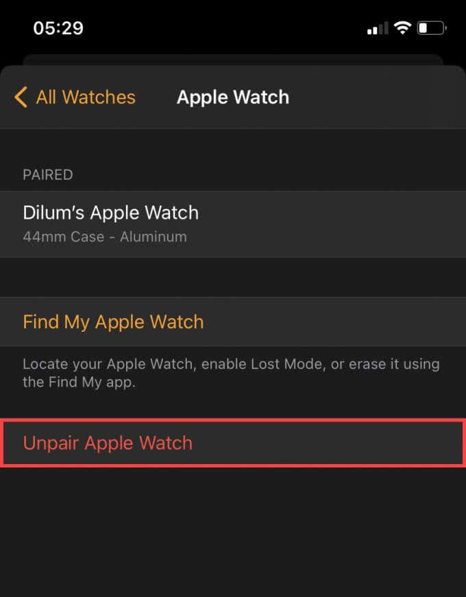 Unpair Apple Watch option 
