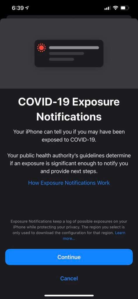 Exposure Notifications welcome screen 