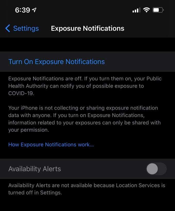 Exposure Notifications window