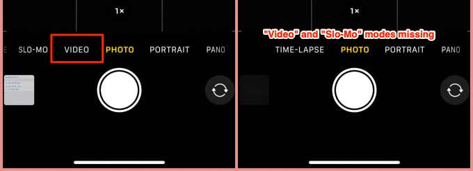 "Video" and "Slo-Mo" modes missing 