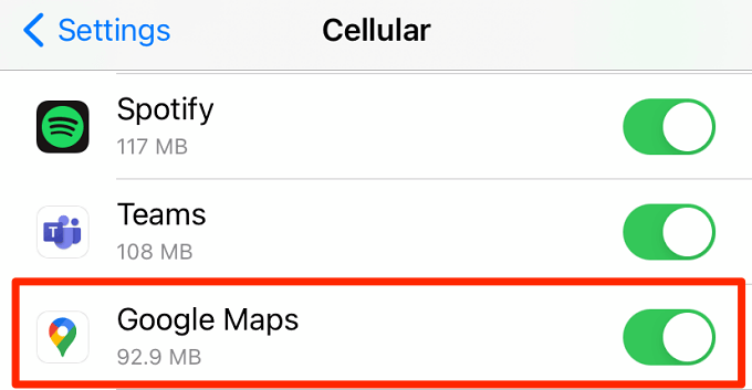 Settings > Cellular Data > Google Maps
