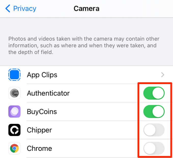 Settings > Privacy > Camera screen