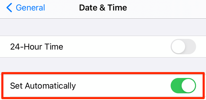 Settings > General > Date & Time > Set Automatically 