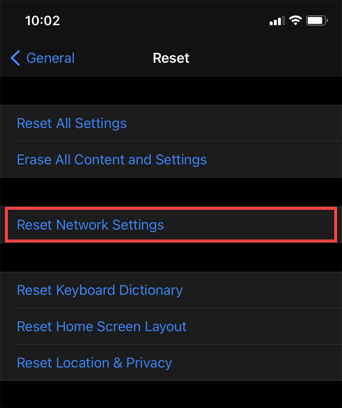 Reset Network Settings button 