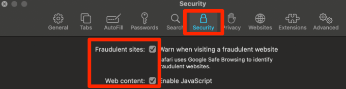 Safari > Preferences > Security tab and checking the boxes next to Fraudulent site and Web content