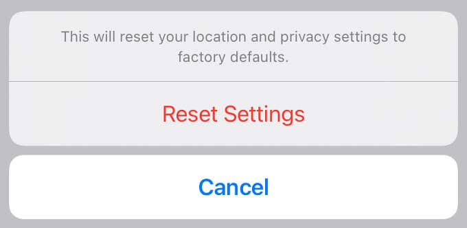 Reset Settings confirmation 