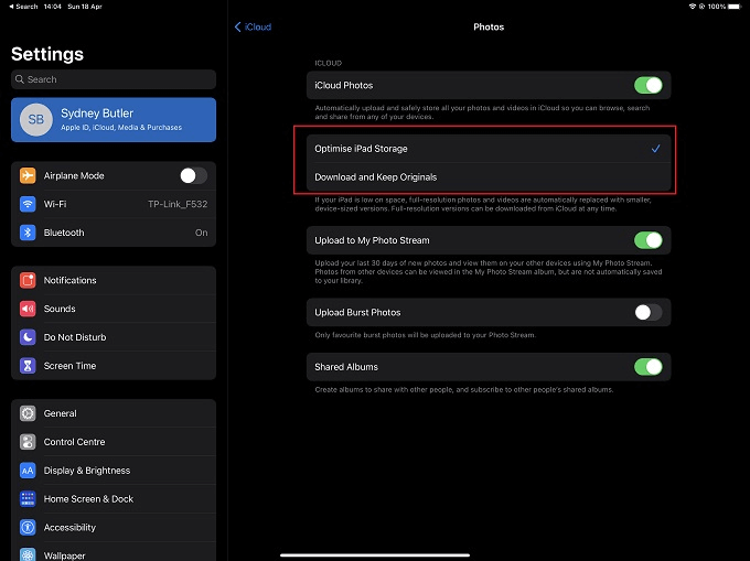 Optimize iPad Storage option