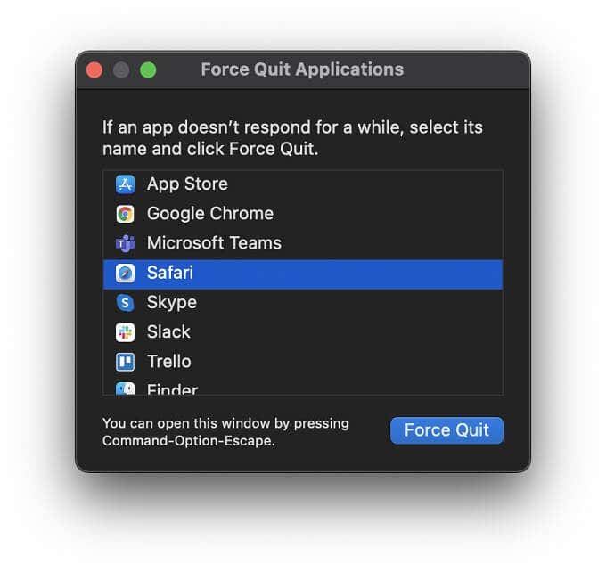 Safari selected in Force Quit Applications