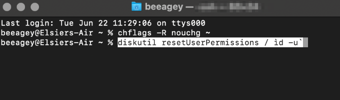 diskutil resetUserPermissions / ìd -u` command in Terminal 