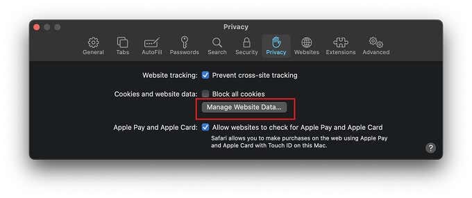 Safari > Preferences > Privacy and Manage Website Data.