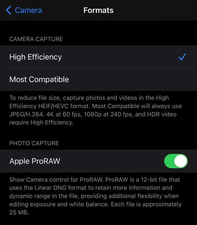 Settings > Camera > Formats > Apple ProRAW