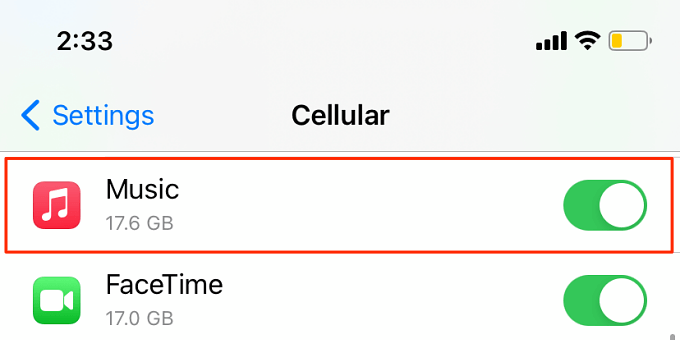 Settings > Cellular > Music toggled on