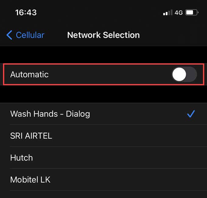 Cellular > Network Selection > Automatic