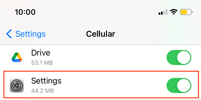 Cellular > Settings toggled on