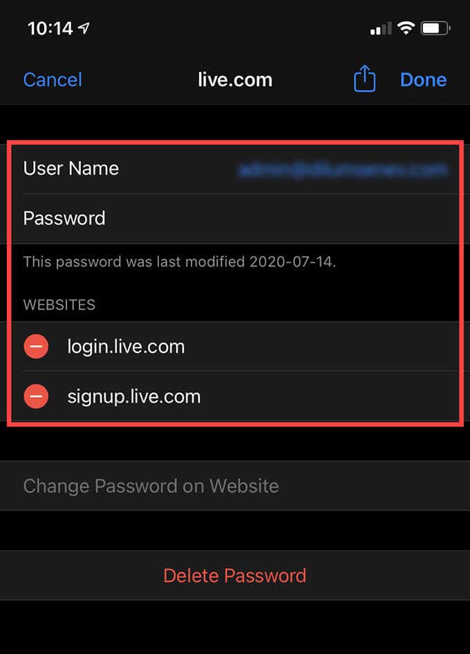 Edit Password window 