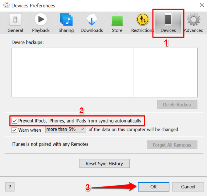 Prevent iPods, iPhones, and iPads from syncing automatically checkbox in Devices tab