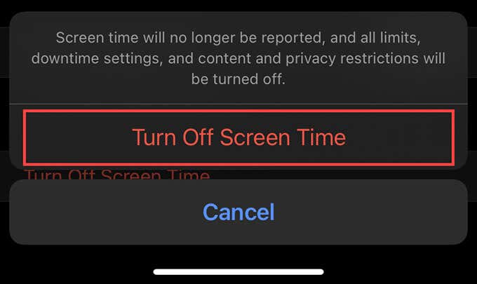 Turn Off Screen Time confirmation