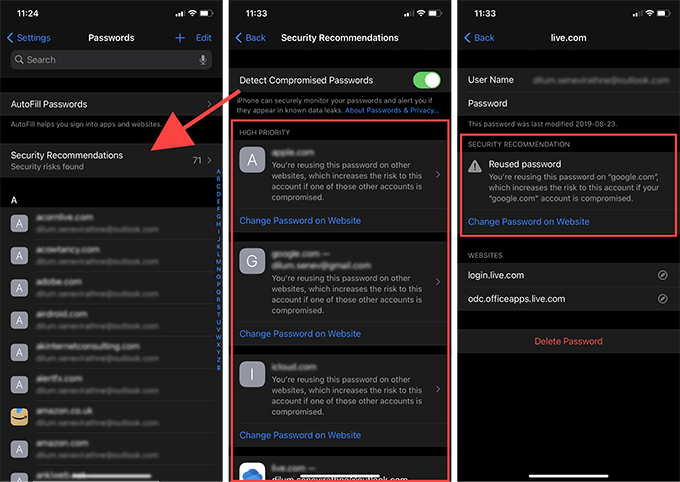 Settings > Passwords > Security Recommendations