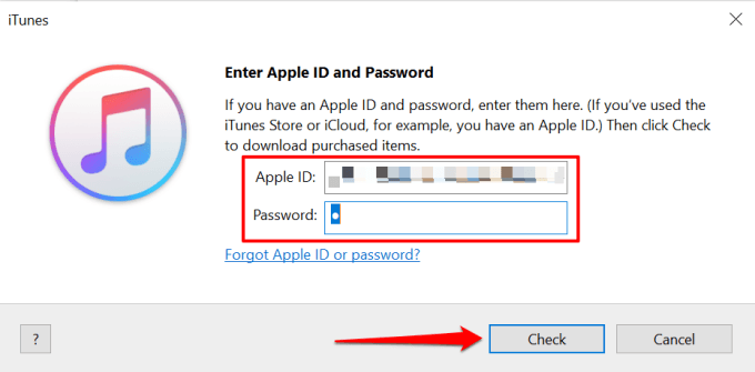 Account credentials window and Check button 
