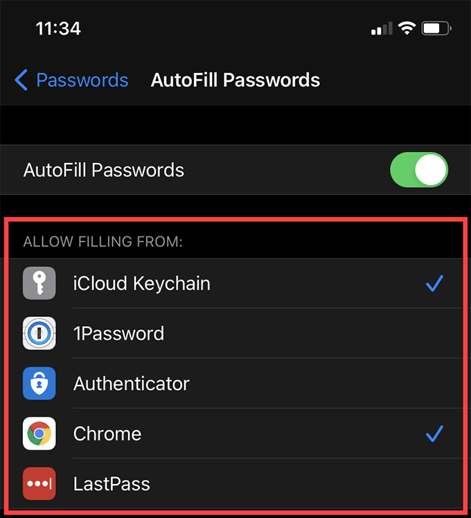 Settings > Passwords > Autofill Passwords