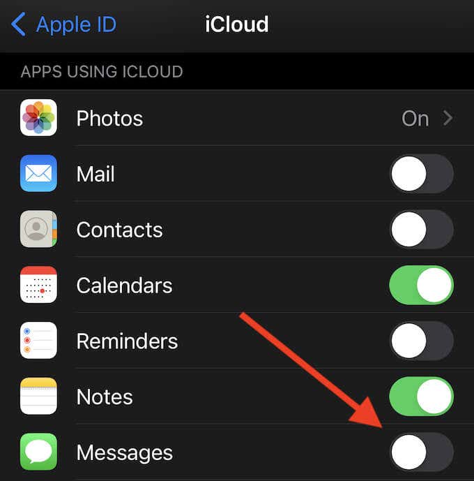 iCloud > Messages toggle 